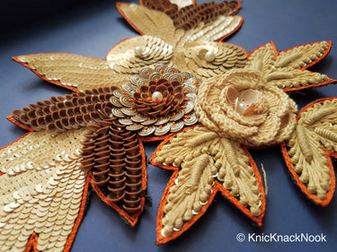 Floral Applique With Beige And Orange / Blue Embroidery, Beige, Brown And Bronze Sequins And White Pearl Beads
